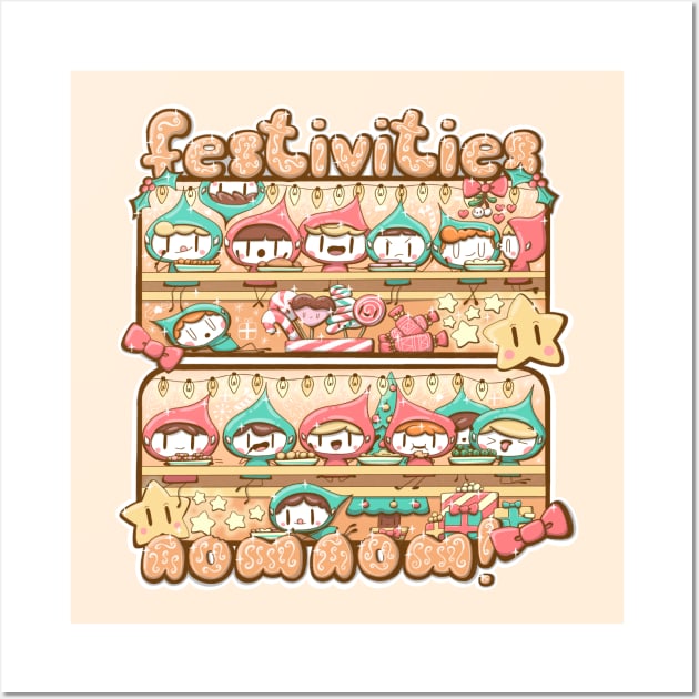 Festivities nom nom, Christmas funny elves Wall Art by studiomogwai